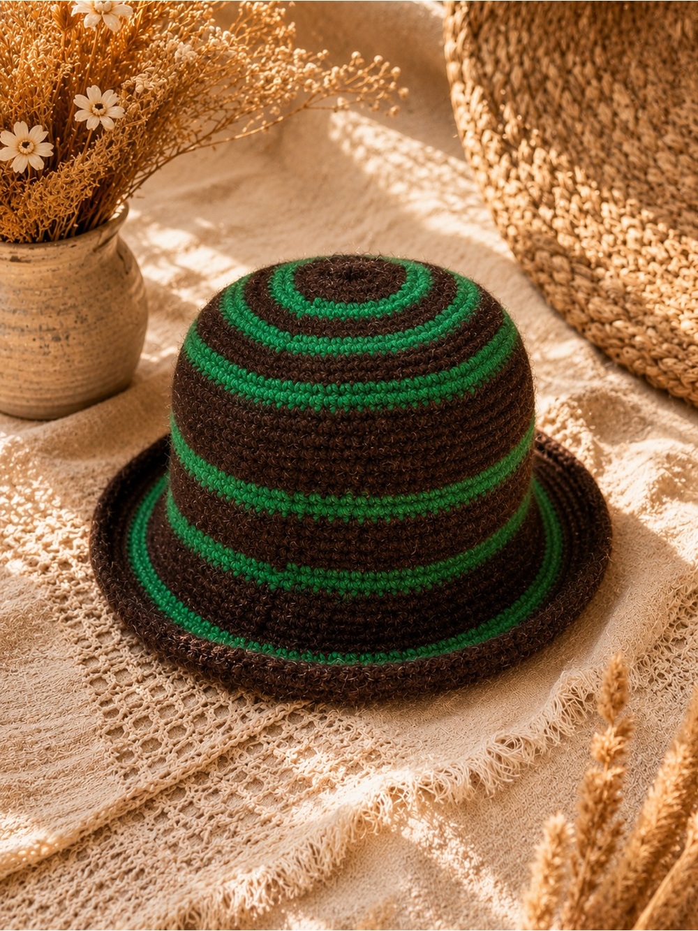 Handmade Crochet Bucket Hat in Brown & Green Stripes